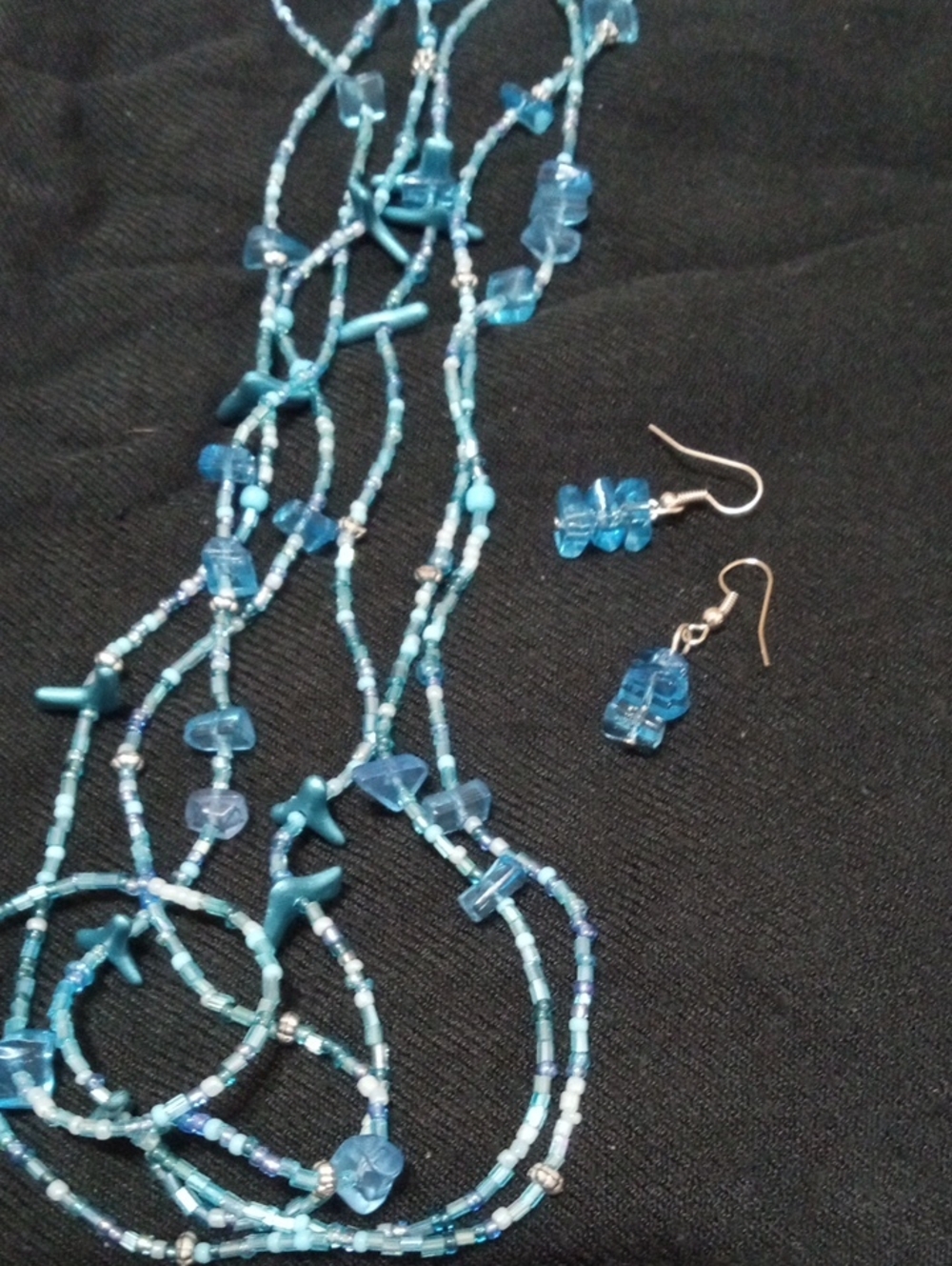 Blue Beaded Necklace And Earrings Set